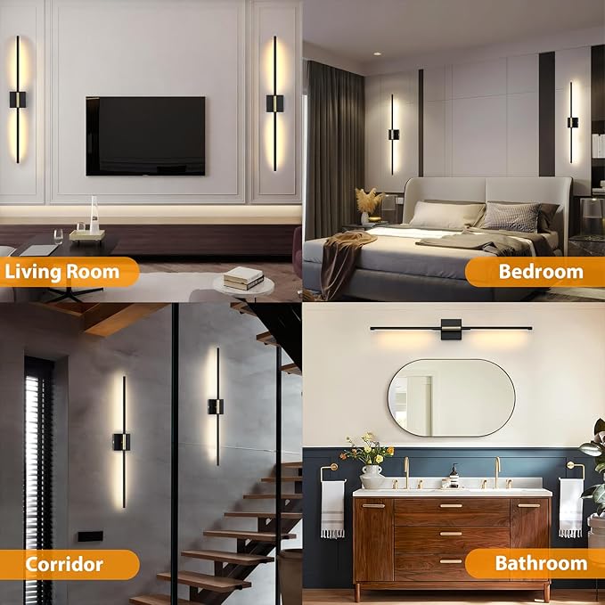 Battery Operated Wall Sconces Set of 2, Dimmable Battery Wall Sconce with Remote Control, Black Gold LED Rechargeable Sconces, 36 Inch Modern Wireless Wall Lights for Bedroom, Living Room