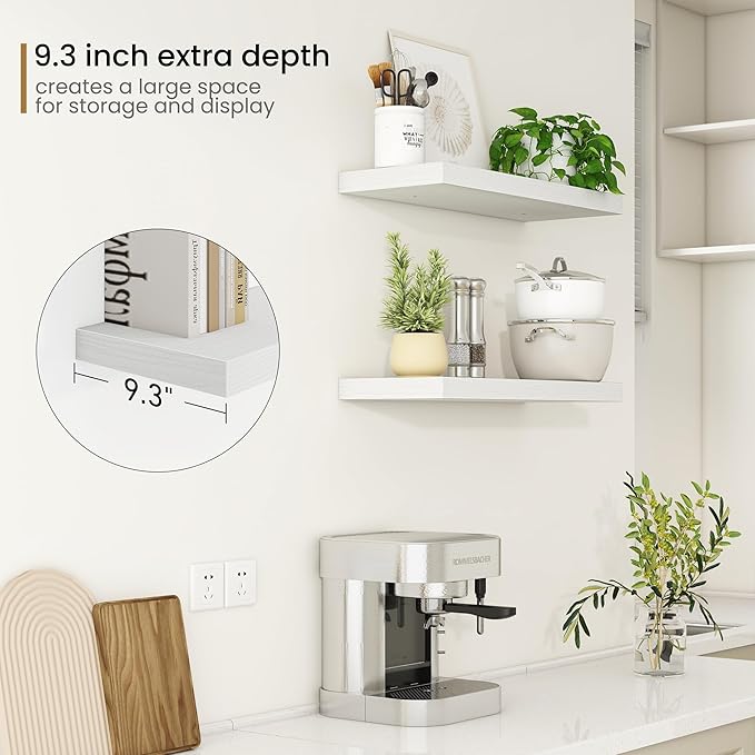 Fun Memories Floating Shelves - 2 Pack 9.3 Inch Deep Rustic Wooden Wall Shelves - Wall Mounted Storage Shelf with Invisible Brackets, 24