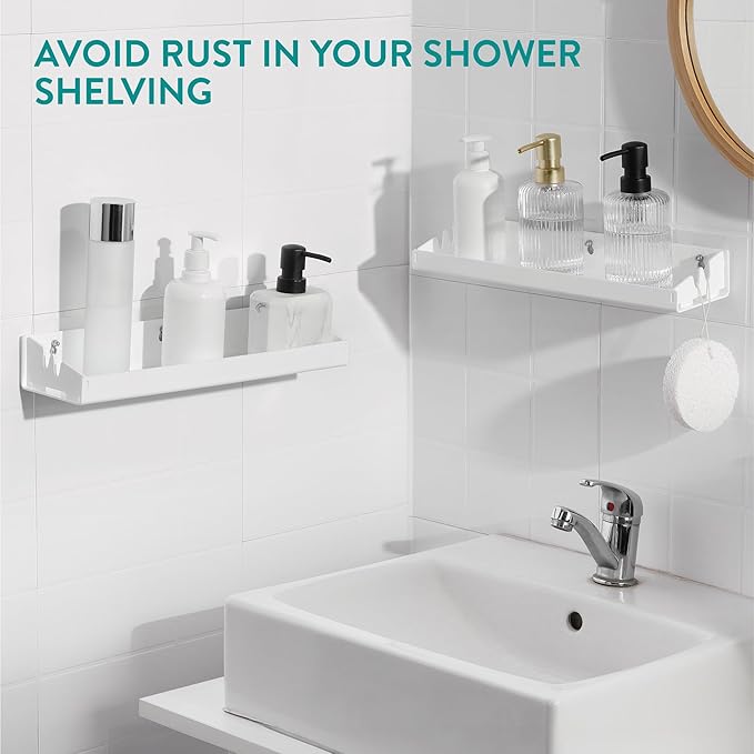 Navaris Opaque White Acrylic Shower Shelves (Set of 2) - Stick On or Screw Mount Adhesive Shelves for Bathroom - No Drilling or Nails Thin Plastic Wall Shelf