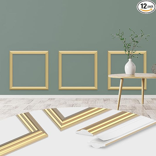 DODOKIE Peel and Stick Wall Molding Kit, Pre Cut Molding Wainscoting Panels for Interior Home Wall Moulding Décor Living Room Decoration, Self-Adhesive Ready to Assemble Gold (3 Set, 20 x 20 in)