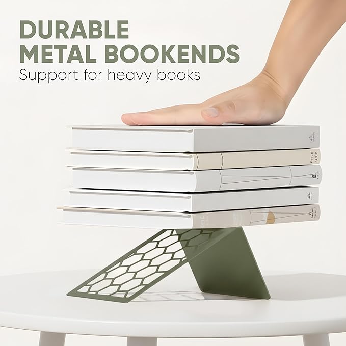 GEOMOD Geometric Honeycomb Sage Metal Bookends Decorative - Tall Sturdy Book Ends for Shelves - Modern Heavy Duty Bookend Stopper - Office or Home Book Shelf Holder - 6x3.25x6.25 Inches-2 Pair
