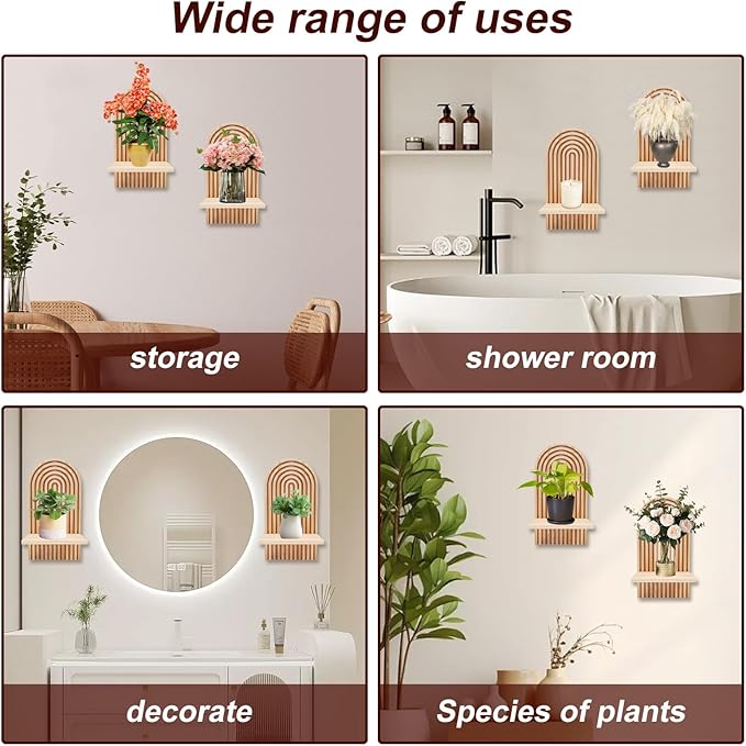 2 Pcs Modern Boho Wooden Rainbow Wall Shelves Shelf Decor, Wood Wall Mount Book Shelf, Floating Shelves for Living Rooms Bathroom Wall Decor Display (05)