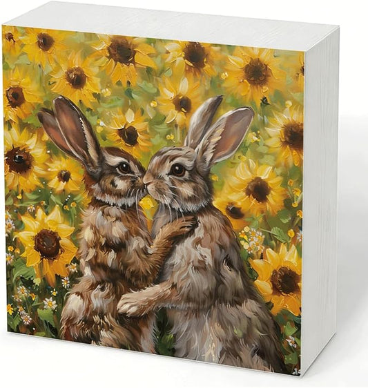 Easter Bunny Wooden Box Sign, Spring Rabbit Sunflower Farmhouse Desk Decor, Easter Decorations for Home Living Room Bedroom Shelf Tabletop Gift 5x5 Inch