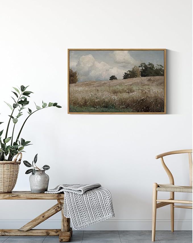 InSimSea Framed Canvas Wall Art Vintage Decor, Farmhouse Scenery Vast Field Grassland Paintings, Large Prints, Nature Landscape Wall Decoration for Living Room Bedroom Bathroom Home Decor, 16