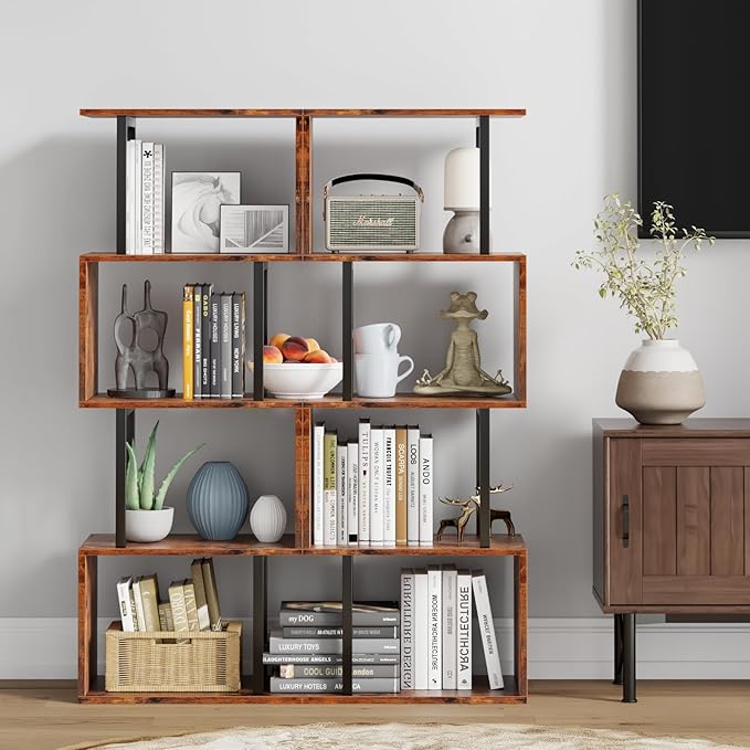 Furologee 5 Tier Bookshelf, S Shaped Geometric Bookcase, Narrow Freestanding Display Shelves, Modern Wood Decorative Storage Rack for Bedroom, Living Room, Home Office, Rustic Brown