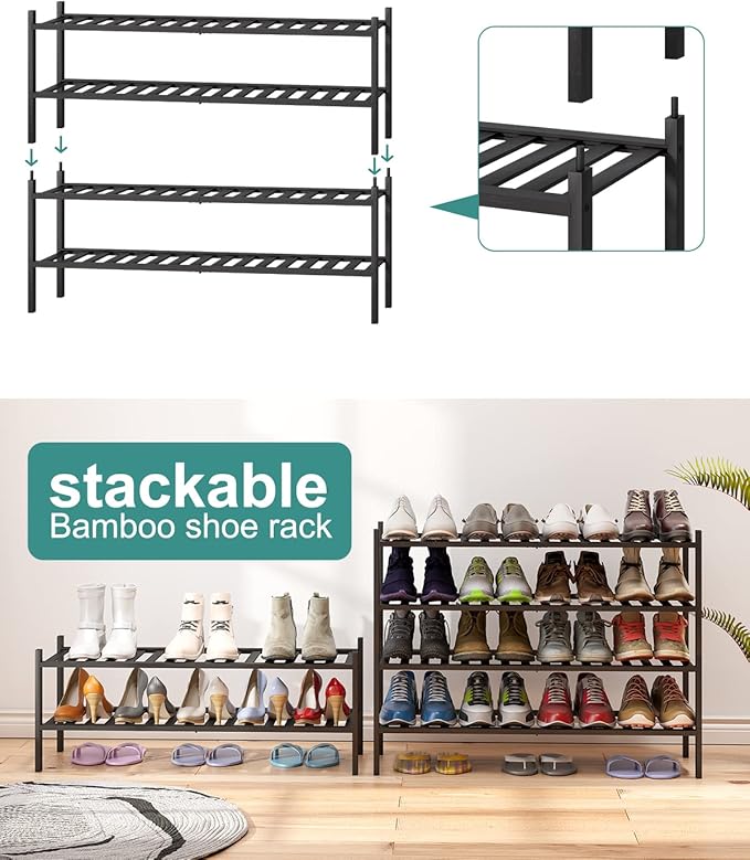 Black 4-Tier Long Shoe Rack, Bamboo Wood, 33-Inch