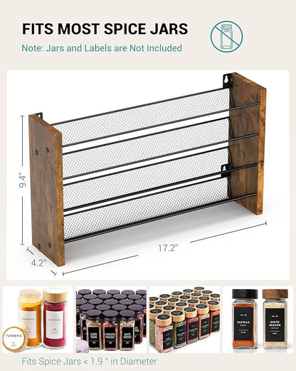 NESAPTO Spice Rack Organizer for Cabinet, Wooden 4 Tier Vertical Seasoning Organizers for Kitchen Pantry, Countertop/Wall Mount, Holds 36 Spice Jars (No Jars Included), 17.2" W × 9.4" H