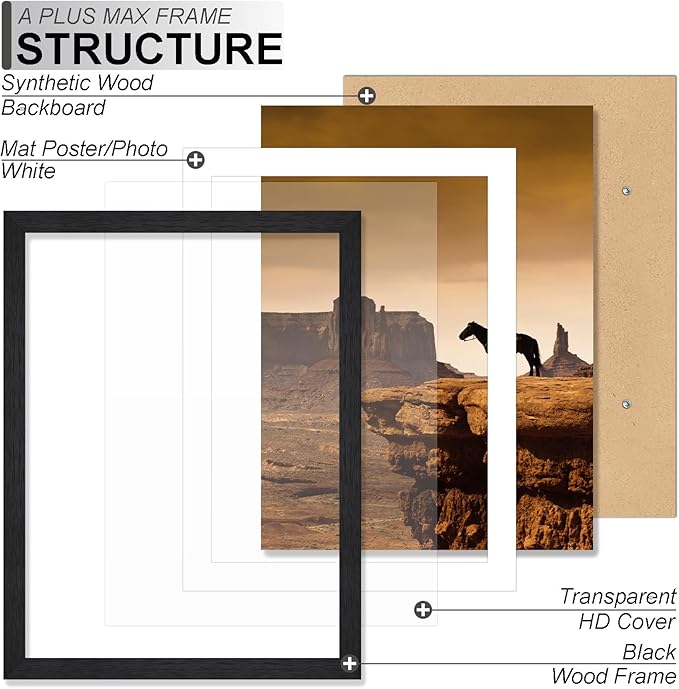 A PLUS MAX 12x18 Picture Frame Set of 6, Engineered Wood Frame Display Photo 11x17 with Mat or 12 x 18 without Mat, 12by18 Frame with Black Wood Grain for Wall - 6 Pack/Black/12 x18