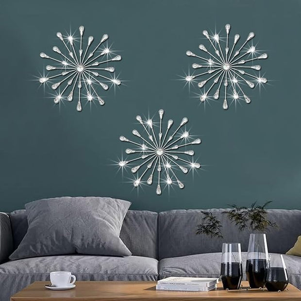 ZEXUIRU 3 Pack Silver Sunburst Wall Decor – Metal Crystal Wall Art with Sparkling Rhinestones, 14’’/18 Inch Starburst Wall Hanging Set for Living Room Bedroom Bathroom – Modern Bling Home Decorations