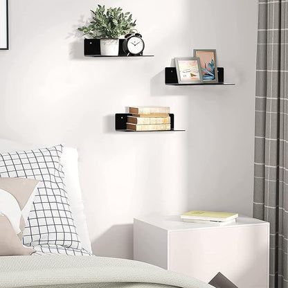 9 Inch Acrylic Floating Shelf No Drill Adhesive Wall Shelf Set of 4 for Funko Pop Storage, Floating Shelves Damage-Free Expand Wall Space for Living Room, Bathroom, Gaming Room, Office - Black