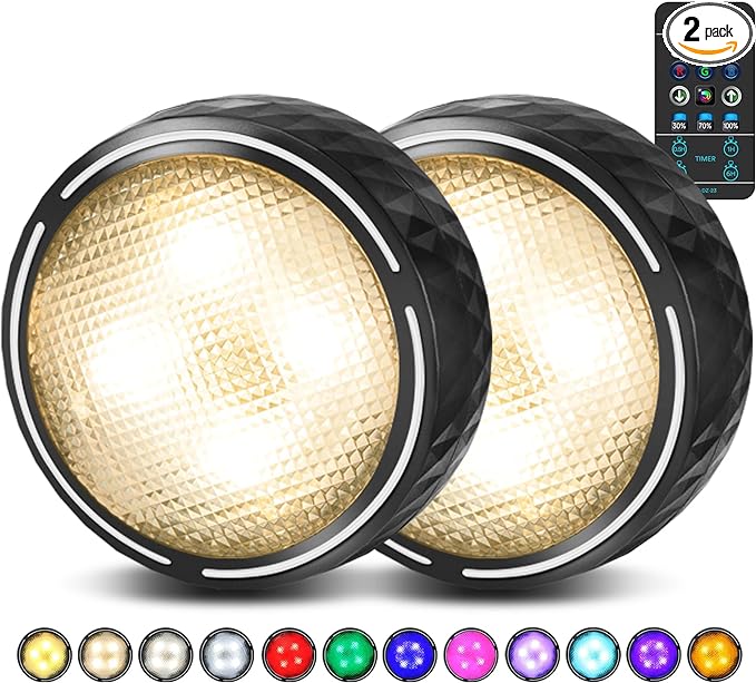 LED Puck Lights with Remote Control, Battery Operated Wireless Closet Lights, Under Cabinet Lighting Stick on Tap Push Light, Color Changing Under Counter Light for Kitchen, 2 Pack - Black