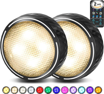 LED Puck Lights with Remote Control, Battery Operated Wireless Closet Lights, Under Cabinet Lighting Stick on Tap Push Light, Color Changing Under Counter Light for Kitchen, 2 Pack - Black