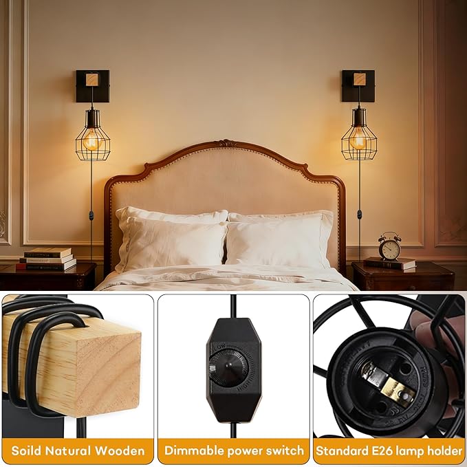 Lightess Plug in Wall Sconces Set of 2, Industrial Wall Mount Light Fixture with ON/Off Dimmable Switch Cord, Black Rustic Wall Lighting for Bedroom Living Room, Bulb Not Included