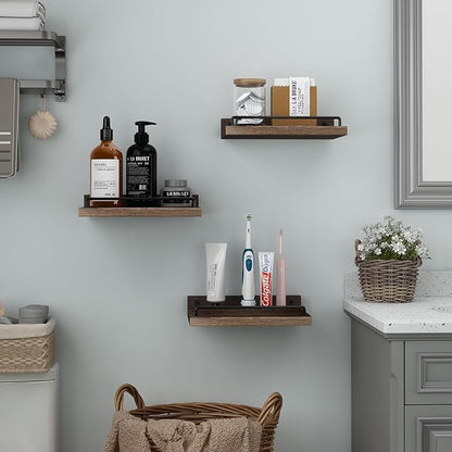Small Floating Shelf, 6 X 9 Inches Farmhouse Wall Shelves for Living Room, Bedroom, Picture Frames, Plants, Kitchen, Set of 3 (Brown)