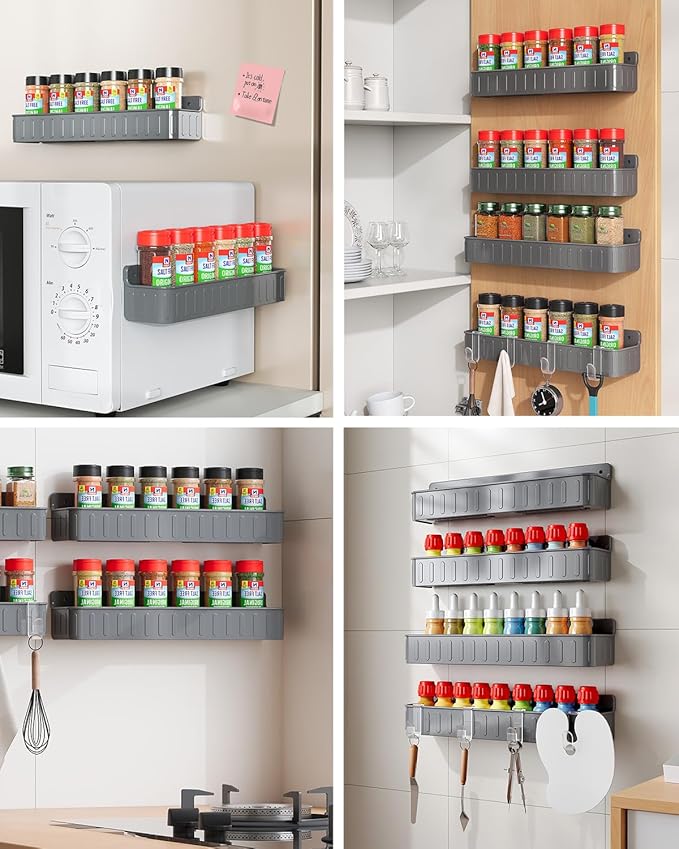 Nieifi Spice Rack Wall Mount, Spice Organizer for Spice Jars, Screw or Adhesive Hanging Spice Rack Organizer for Your Kitchen Cabinet or Pantry Door,4 Pack (Grey)
