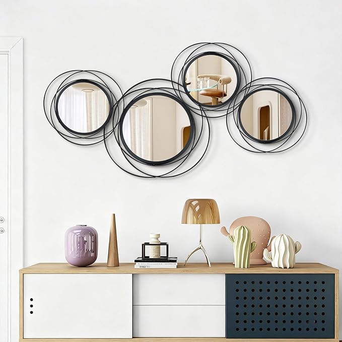 4 Set Mixed Size Black Circle Mirrors Wall Decor Iron Frame Wall Art Round Mirror Home Decor Hanging for Living Room/Bedroom/Bathroom/Entryway