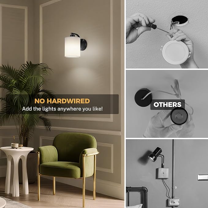 Battery Operated Wall Sconce Set of 2, Rechargeable Wall Sconce with 13000mAh Bulb Pleated Fabric, Wireless Battery Powered Wall Sconces Set of 2 for Bedroom Living Room, Black
