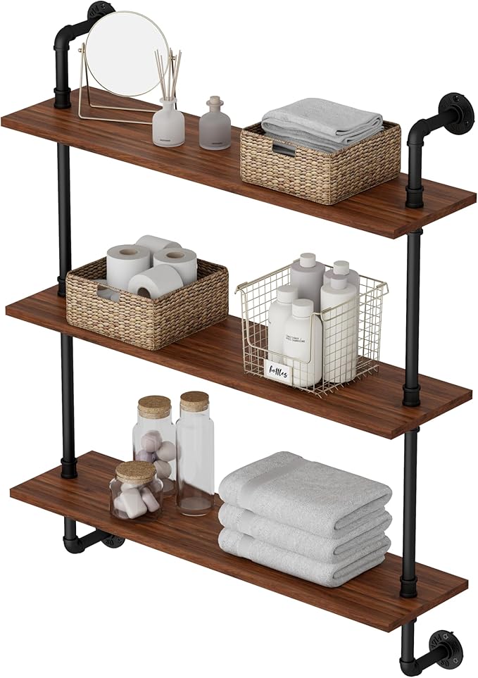 3-Tier Industrial Pipe Floating Shelf – Rustic 36 inch Wood Wall-Mounted Storage Shelf for Kitchen Office,Bathroom & Home Decor -Walnut