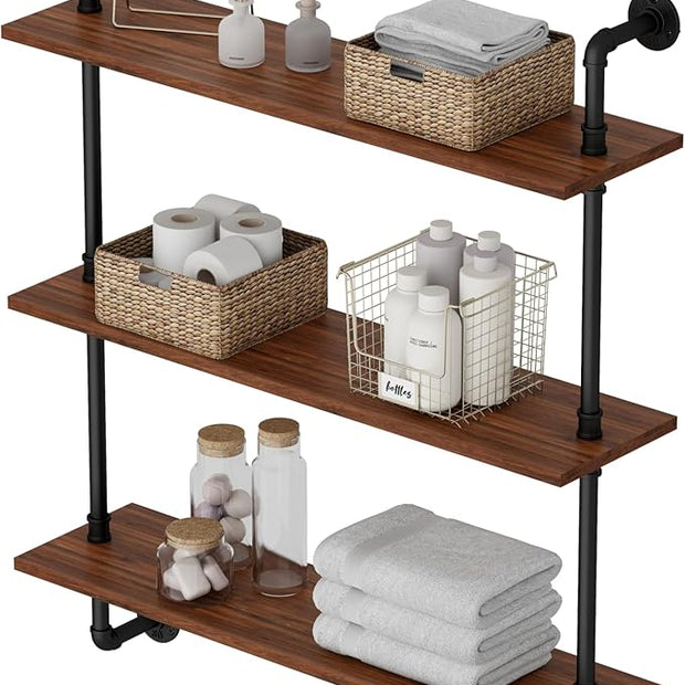 3-Tier Industrial Pipe Floating Shelf – Rustic 36 inch Wood Wall-Mounted Storage Shelf for Kitchen Office,Bathroom & Home Decor -Walnut