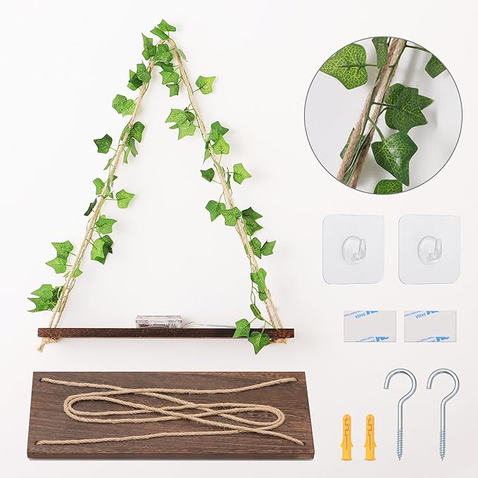 Floating Shelves for Wall, Hanging Shelves with Artificial Ivy LED String Light, No Drilling Hanging Shelf, Wood Hanging Plant Shelves for Wall Décor, Boho Decor, Art Bedroom, Set of 2