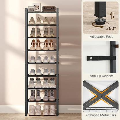 8-Tier Narrow Shoe Rack, Tall Shoe Rack for 8-16 Pairs, Slim Shoe Storage Organizer with Wooden Top, Space Saving, Metal Frame, for Entryway, Charcoal and Black SS608BC