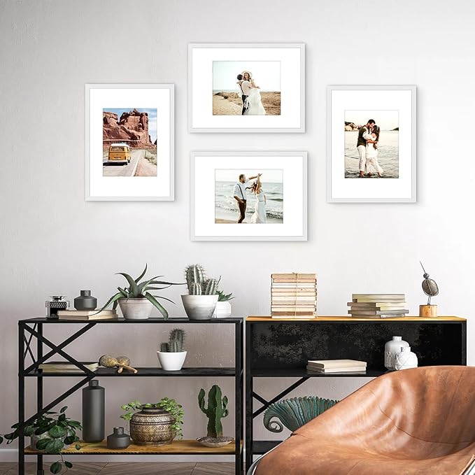 12x16 Picture Frame Set of 4, Displays 8x10 with Mat or 12x16 Without Mat, Photo Frames for Wall Hanging or Tabletop, Includes HD Plexiglass, White