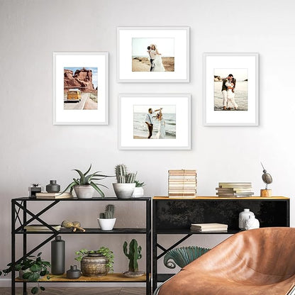 12x16 Picture Frame Set of 4, Displays 8x10 with Mat or 12x16 Without Mat, Photo Frames for Wall Hanging or Tabletop, Includes HD Plexiglass, White