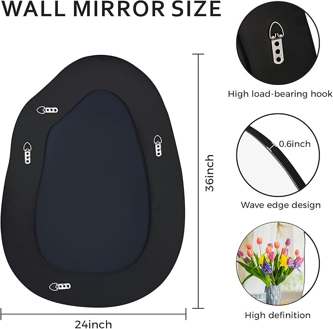 Irregular Wall Mirror 24x36 Inch,Asymmetrical Frameless Bathroom Mirrors with Tempered Glass for Bathroom Living Room Bedroom,Decorative Modern Wall Decor