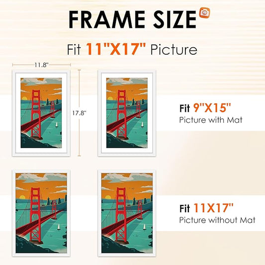 FIXSMITH 11x17 Picture Frame White Set of 4, Photo Frame with HD Plexiglass, Display Pictures 9x15 with Mat or 11x17 Without Mat, White Picture Frames Collage Wall Decor, Gallary Wall Frame