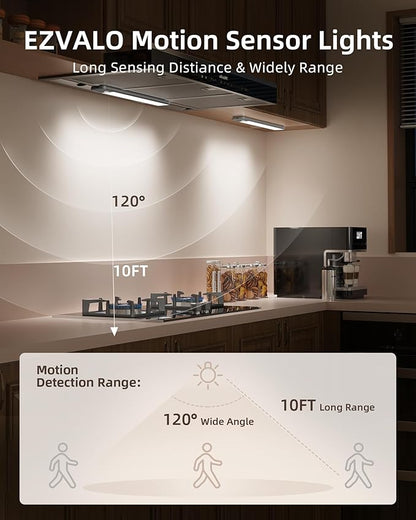 EZVALO Under Cabinet Lighting, 98 LED Rechargeable Motion Sensor Light Indoor, Magnetic Dimmable Closet Lights with 3 Color Temps, Wireless Under Counter Lights for Kitchen, Stairs(Grey, 2 Pack)