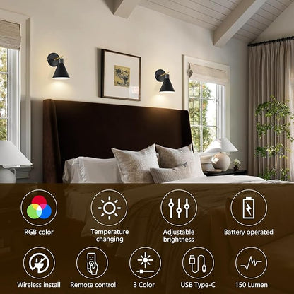 Black Rechargeable Battery Operated Wall Sconces Set of 2 with Remote, Wireless Dimmable Battery Powered Wall Light, Cordless Wall Lamp Lighting Fixture for Bedroom Living Room, Bulb Included