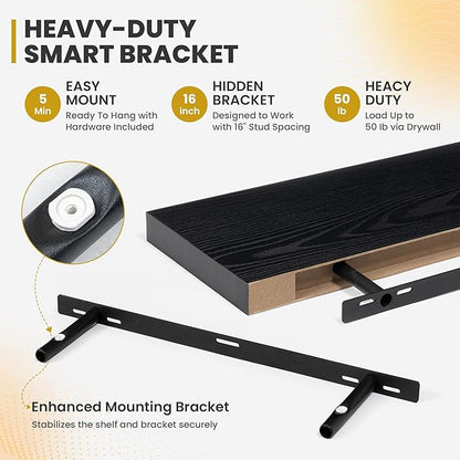 24 Inch Floating Shelves, 9.3" Deep Floating Shelf Wall Mounted, 24" Wall Shelves, Rustic Deep Bookshelf, Large Display Shelves & Storage Shelves for Bedroom, Living Room, Black, Set of 2