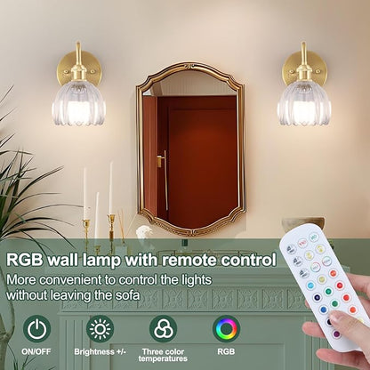 Vintage Battery Operated Wall Sconce Set of 2,Rechargeable Wall Sconces with RGB Dimmable Remote Control, Wireless Brass Transparent Glass Lampshade Fixtures for Bedroom Living Room