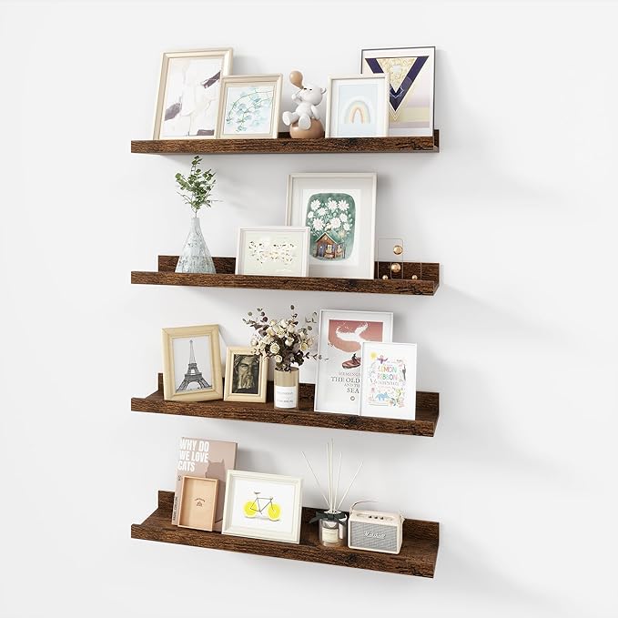 Picture Ledge Shelf, Wood Floating Shelves Set of 4, 24 inch Picture Ledge Shelves, Photo Ledge Nursery Book Shelves Wall Mounted for Living Room Kids' Room Bedroom, Color Brown