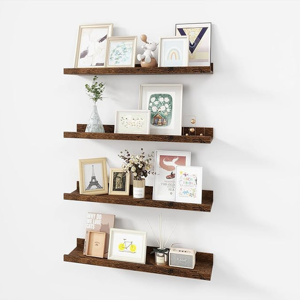 Picture Ledge Shelf, Wood Floating Shelves Set of 4, 24 inch Picture Ledge Shelves, Photo Ledge Nursery Book Shelves Wall Mounted for Living Room Kids' Room Bedroom, Color Brown