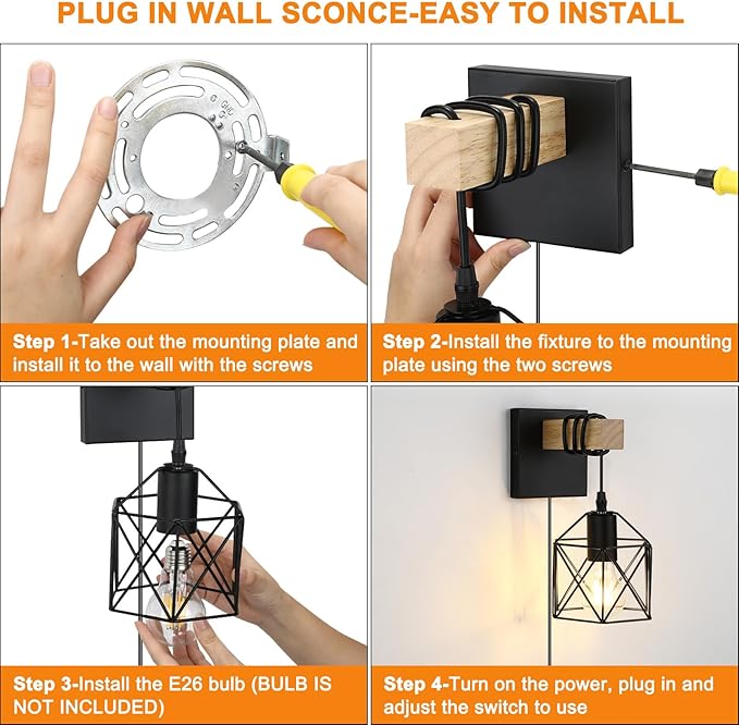 Lightess Plug in Wall Sconces Set of 2 with On/Off Switch, Industrial Wall Lights Metal Cage Lampshade, Black Farmhouse Wall Mounted Lamp for Bedroom Living Room