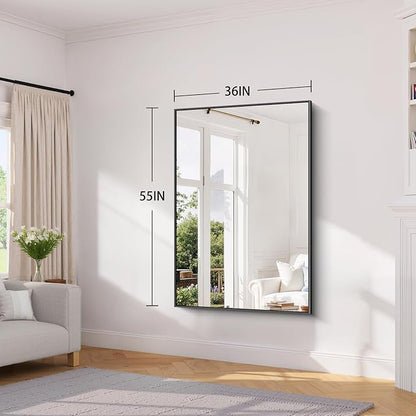 Koonmi Black Framed Bathroom Mirror - Shatterproof 36"x55" Tempered Glass, HD No Distortion, Horizontal/Vertical Mount, Modern Matte Aluminum Alloy Frame