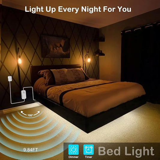 Motion Sensor Under Cabinet Lights - Plug-in LED Strip Lights Indoor With UL FCC Approved Adapter, Dimmer And Timer For Kitchen Cabinet, Counter, Shelf, Showcase, Stairway, Bedroom, Corridor, Washroom
