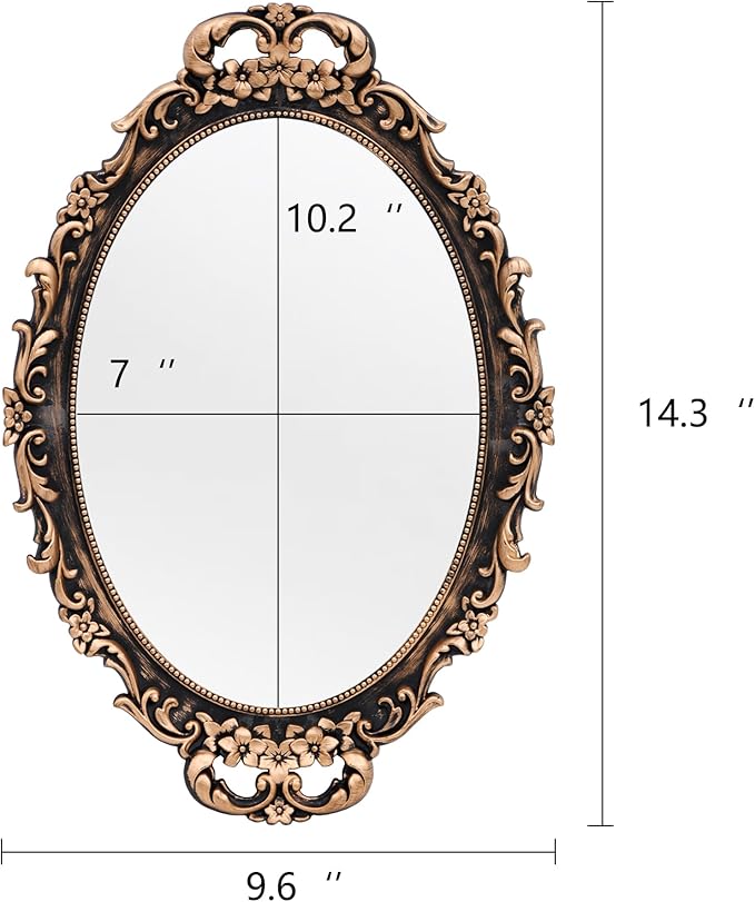 Vintage Decorative Gold Framed Mirror, Wall Hanging Mirrors & Tabletop Tray for Bedroom Living Room Dresser Decor, Oval- 9.6