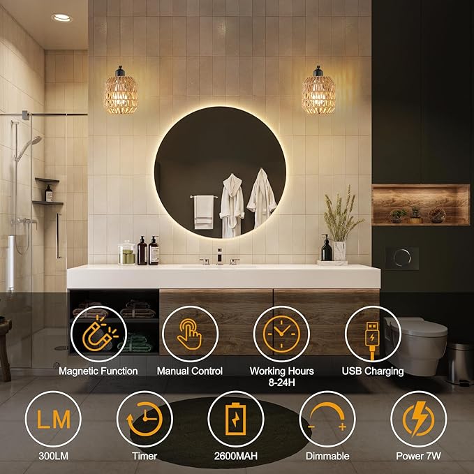 Black Rechargeable Battery Operated Wall Sconces Set of 2 with Remote, Boho Rattan Wireless Dimmable Battery Powered Wall Lights, Cordless Wall Lamp Lighting Fixture for Bedroom Living Room