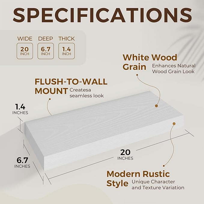 Dreamland 20 Inch Long Floating Shelves in White,6.7 Inch Deep Floating Shelf for Wall,Large Display & Storage Shelf, Wall Shelf for Bathroom Bedroom Living Room Kitchen Office，Set of 2
