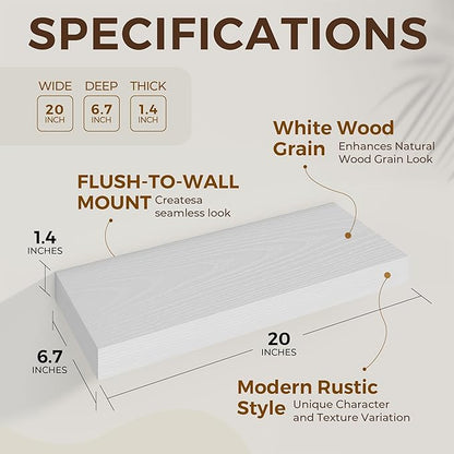Dreamland 20 Inch Long Floating Shelves in White,6.7 Inch Deep Floating Shelf for Wall,Large Display & Storage Shelf, Wall Shelf for Bathroom Bedroom Living Room Kitchen Office，Set of 2