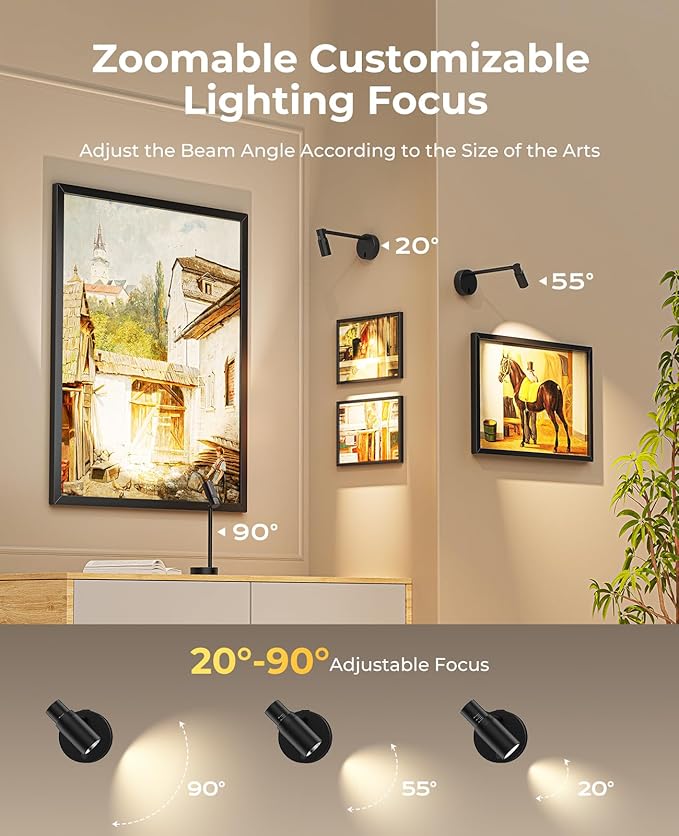 PESUTEN Zoomable Picture Light for Wall, Battery Operated Art Light for Paintings CCT Dimmable Spotlight for Wall Art Wall Light with Remote Control for Living Room Gallery Dartboard Bathroom 2PCS