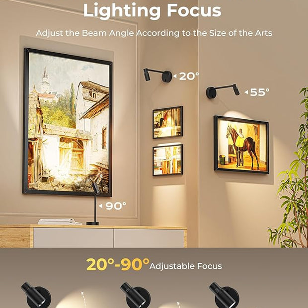 PESUTEN Zoomable Picture Light for Wall, Battery Operated Art Light for Paintings CCT Dimmable Spotlight for Wall Art Wall Light with Remote Control for Living Room Gallery Dartboard Bathroom 2PCS