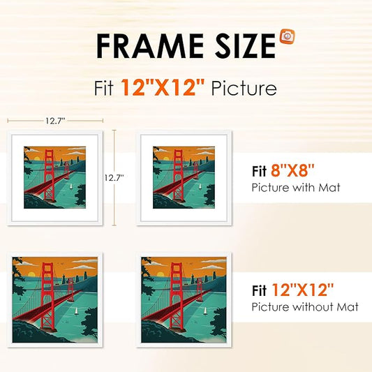 FIXSMITH 12x12 Picture Frame White Set of 4, Photo Frame with HD Plexiglass, Display Pictures 8x8 with Mat or 11x17 Without Mat, White Picture Frames Collage Wall Decor, Gallary Wall Frame