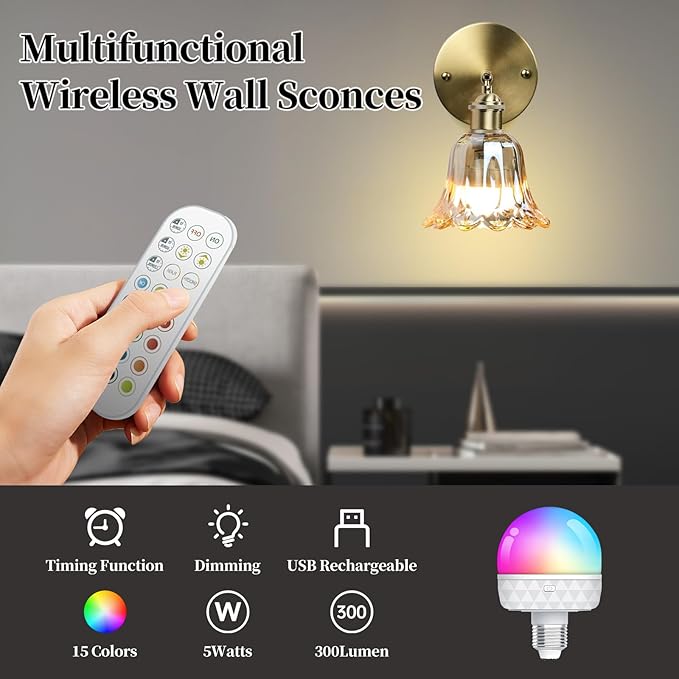 GEEZO Vintage Battery Operated Wall Sconce, with Rechargeable Battery Powered Wall Light with Remote Control for Bedside Bedroom