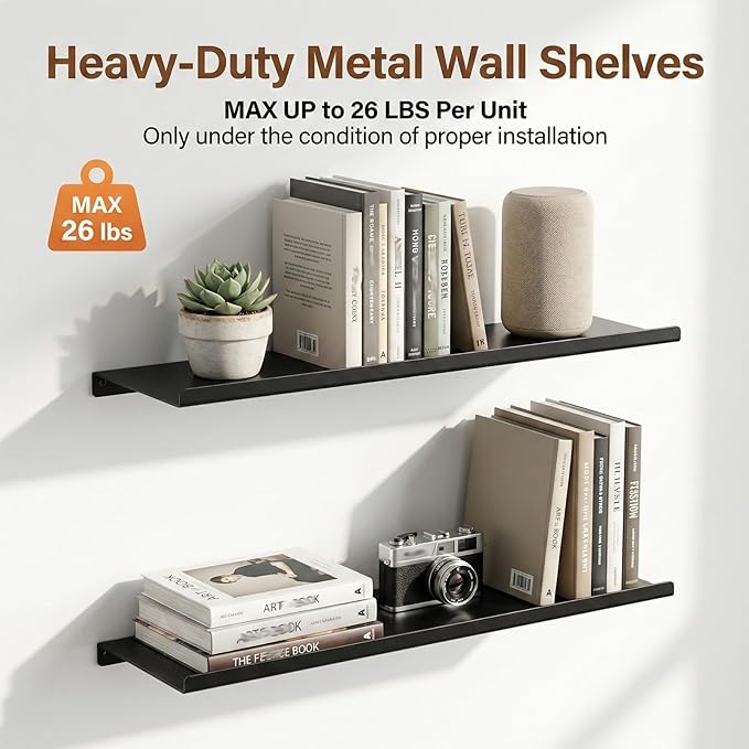 SRIWATANA Black Metal Wall Shelves, 17 Inch Floating Shelves for Bedroom, Living Room, Bathroom, Kitchen, Set of 2 - Matte Black