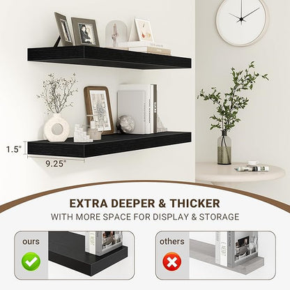 72 Inch Floating Shelves, 3D Textured Wood Grain, 72"x9.25"x1.5" Inch Deep Floating Shelves for Wall, Wooden Shelves for Bathroom, Bedroom, Living Room, Black, 1 Piece