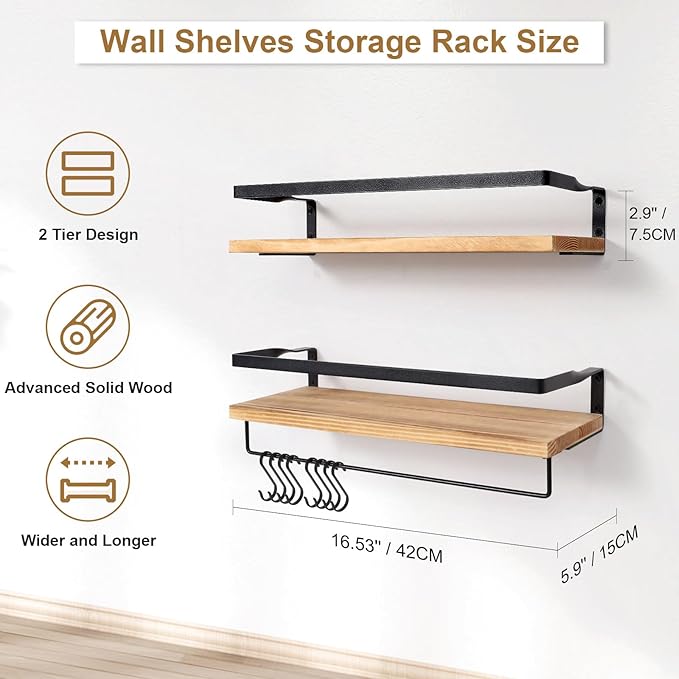 AGM Floating Shelves, 16.5 Inch Bathroom Shelf Set of 2, Wall Storage Shelf with Towel Bar & 8 Hooks, Wall Mounted Shelves for Bathroom, Bedroom, Kitchen, Living Room Decor