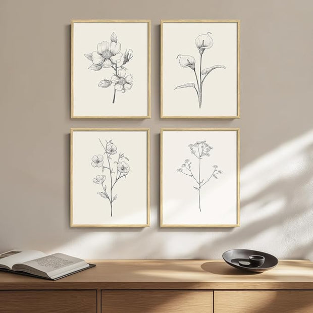 Framed Botanical Wall Art for Bathroom, Set of 4 Neutral Minimalist Beige Floral Painting Prints for Modern Farmhouse Decor, Black and White Flowers Plant Artwork for Rustic Bedroom Living Room, 11x14